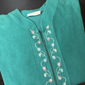 Vintage Astor One Womens XL* Robe Emerald Green embroidered Long House Coat Pjs